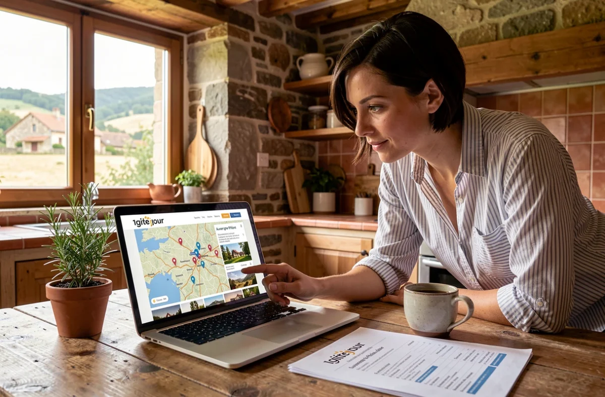 Recherche de locations avec piscine en Auvergne-Rhône-Alpes sur la plateforme 1gite1jour depuis une cuisine de campagne