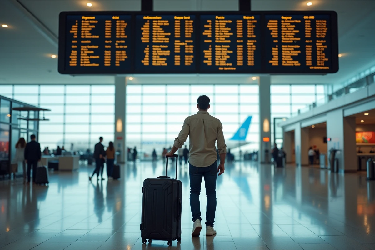 Homme en transit dans un terminal d'aéroport international consultant le tableau des départs pour un vol Paris-Sydney avec escale