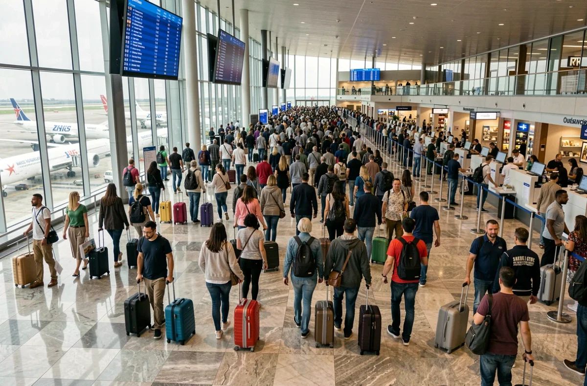 Hall de départ d'un aéroport international bondé de voyageurs du monde entier, illustrant le tourisme mondial