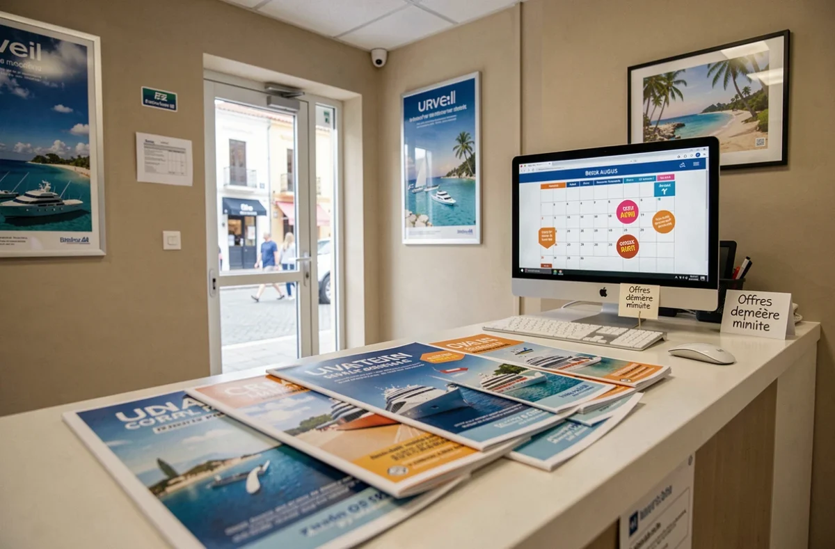 Brochures de croisières et offres promotionnelles août dans une agence de voyage