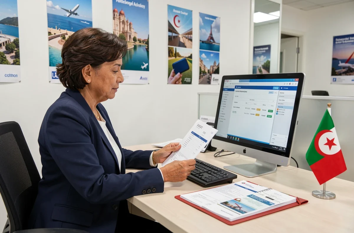 Agente de voyage gérant une réservation Air Algérie pour un client dans une agence de voyage