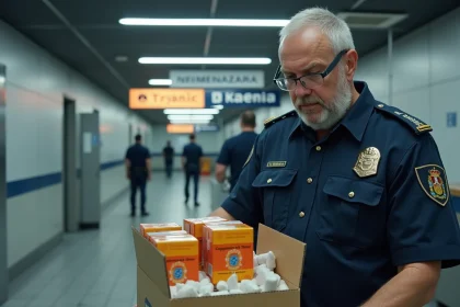 Agent des douanes inspectant des cartouches de cigarettes espagnoles saisies lors d'un contrôle à la frontière