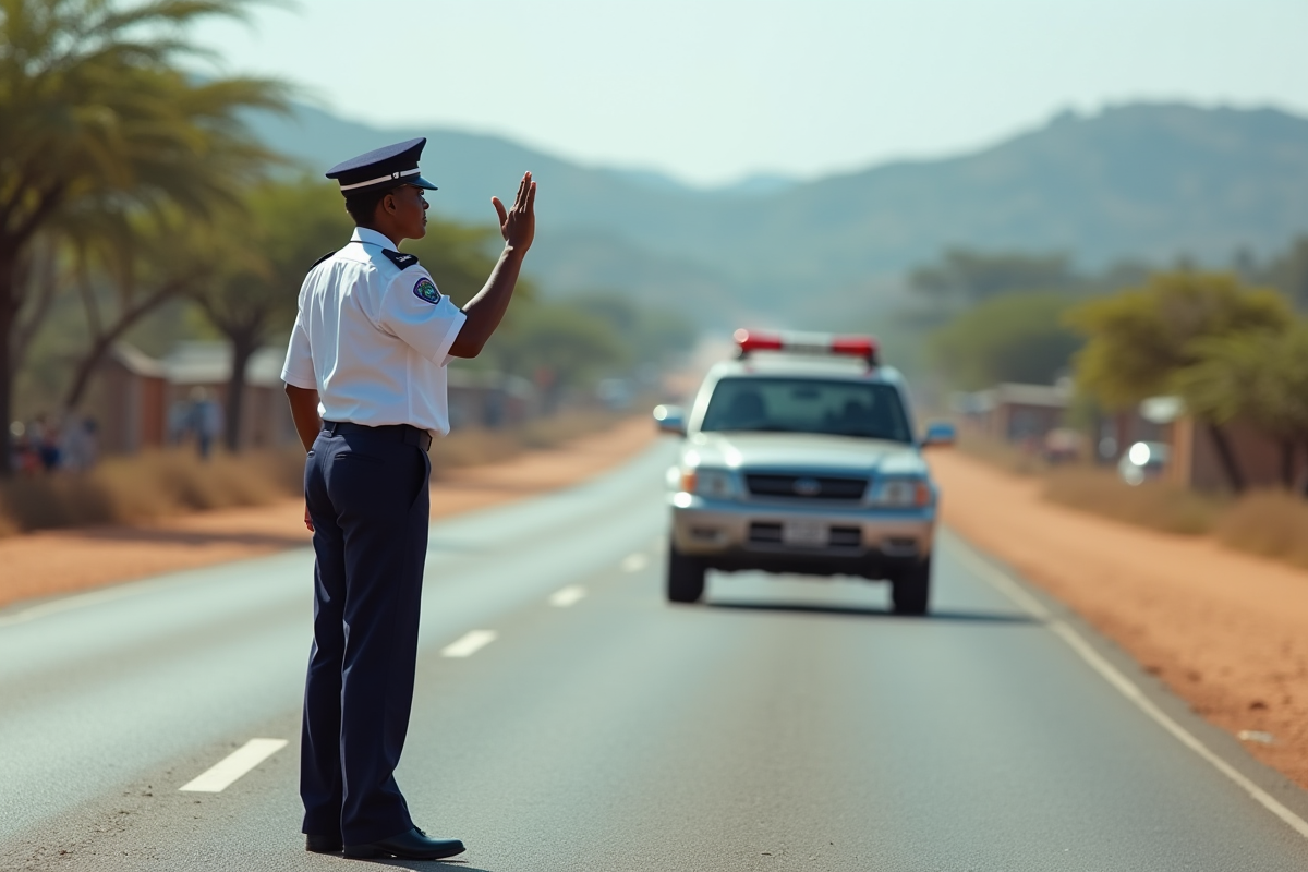 policière kenyane signale un véhicule sur route rurale