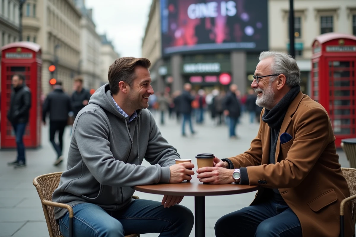 Deux amis discutant autour d un café à Piccadilly Circus