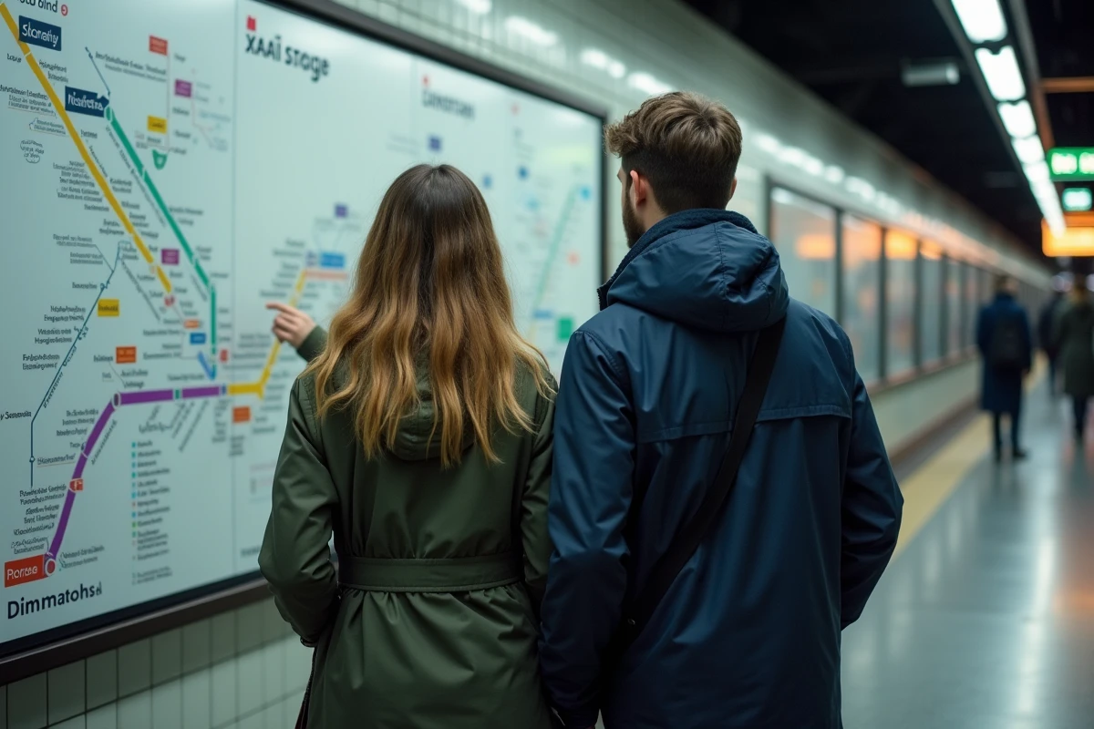Deux amis consultant un plan de m&eacute;tro affich&eacute; dans une station pour se rep&eacute;rer dans une ville inconnue