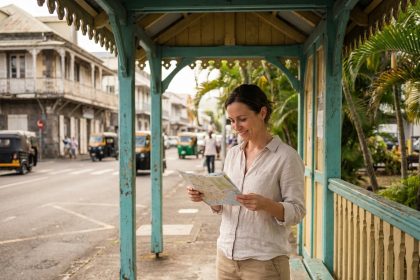 Femme consultant une carte de bus à un arrêt coloré de style créole à Saint-Denis de la Réunion