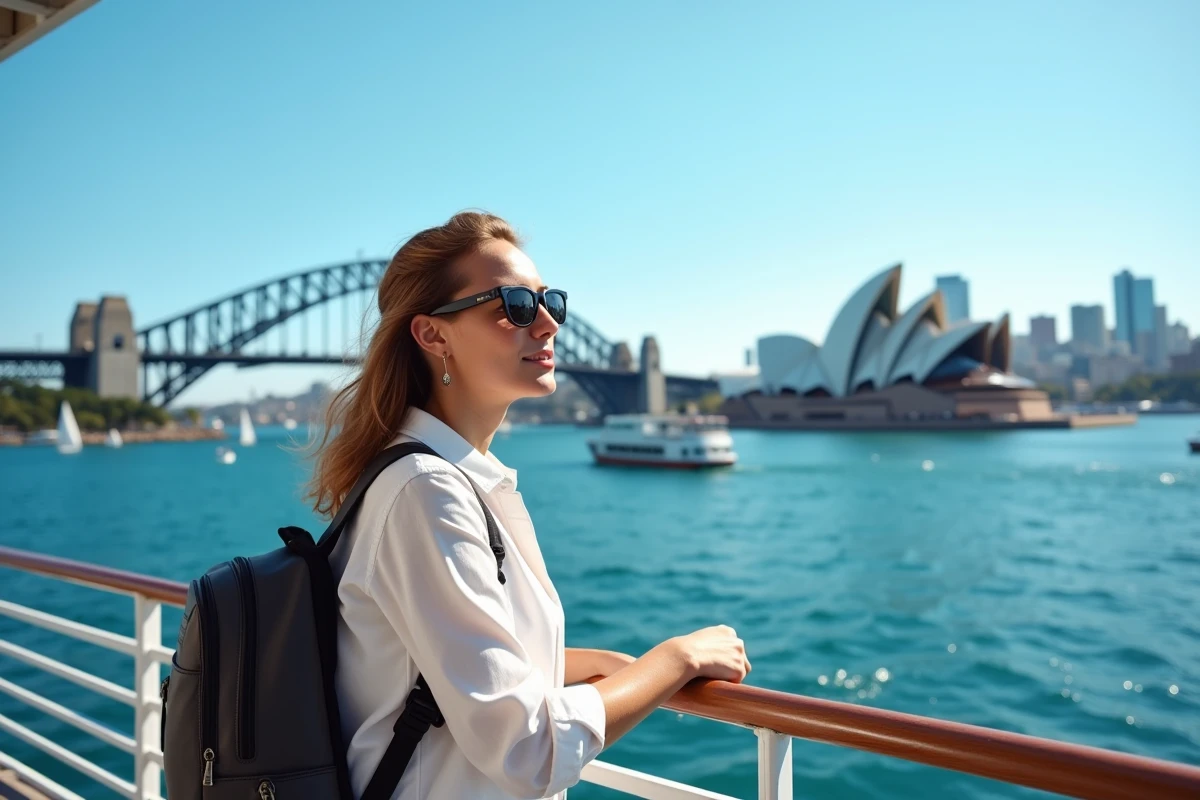 Voyageuse arrivant à Sydney admirant l'Opéra et le Harbour Bridge depuis un ferry après un vol depuis Paris