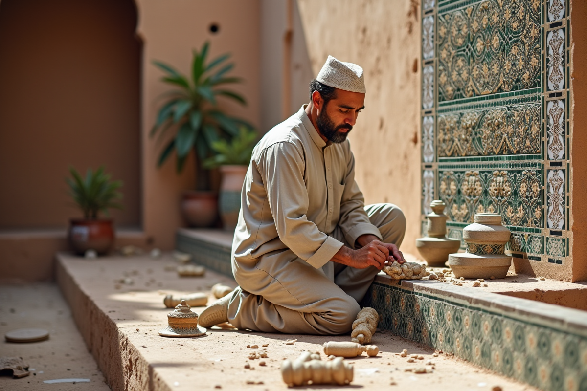 Artisan marocain posant des carreaux de mosaïque dans un riad