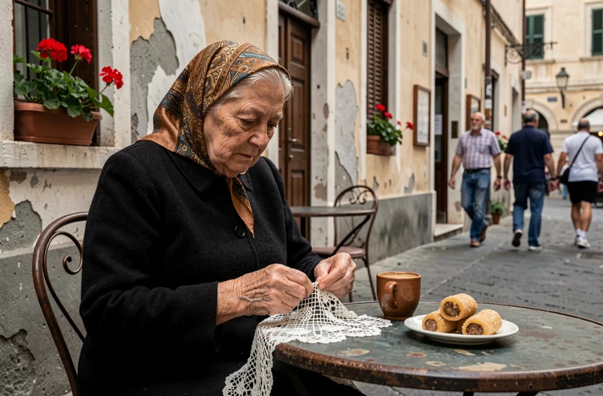Femme âgée sicilienne confectionnant de la dentelle traditionnelle à une table de café dans une piazza de Corleone