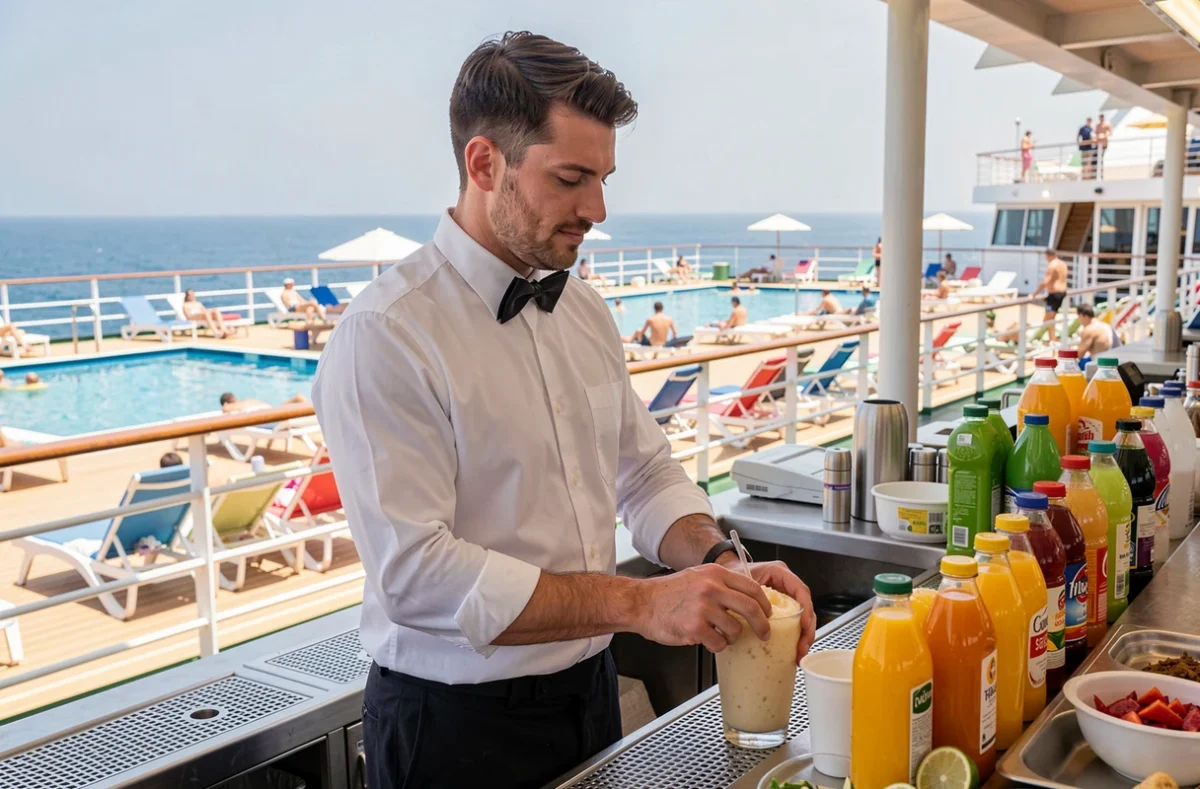Barman en uniforme blanc préparant une boisson fraîche au bar de la piscine d'un bateau de croisière MSC