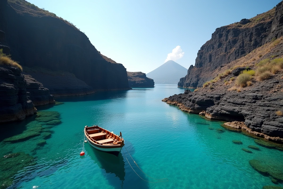 Barque de pêche traditionnelle dans une crique volcanique des îles Éoliennes avec falaises de basalte