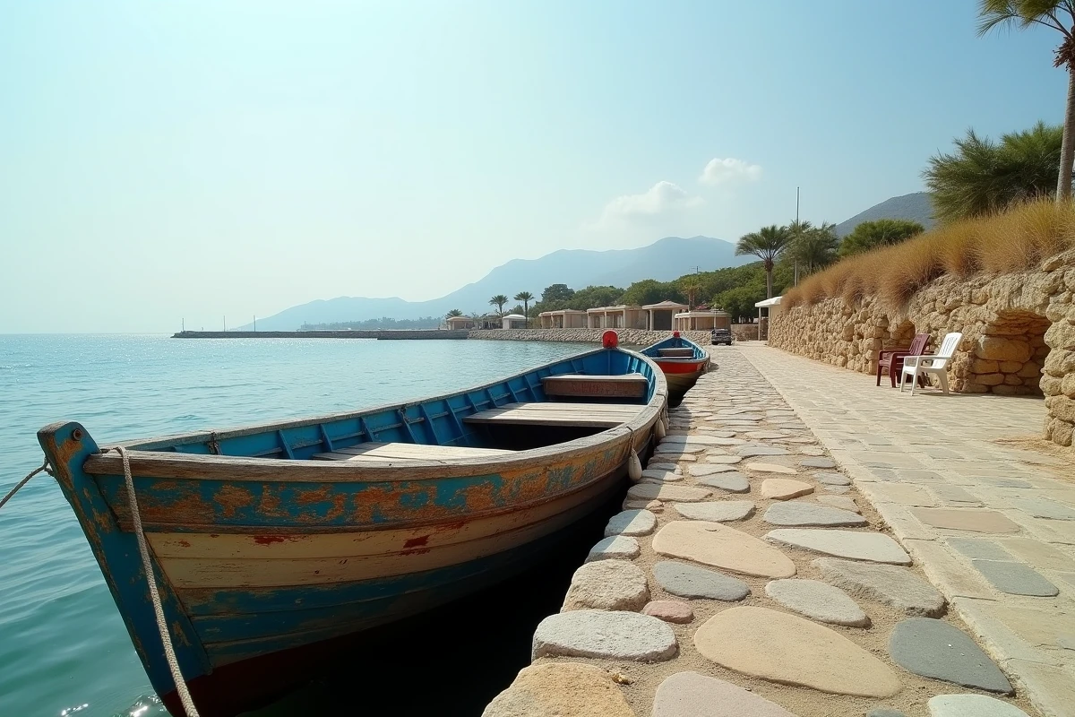 Barque de pêche amarrée sur la côte d'Héraklion hors saison, plage vide et taverne fermée visibles en arrière-plan au printemps