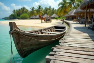 Bateau traditionnel en bois amarré au ponton de Gili Air avec eau turquoise et cocotiers en arrière-plan