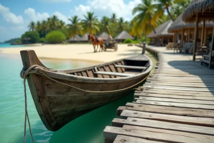 Bateau traditionnel en bois amarré au ponton de Gili Air avec eau turquoise et cocotiers en arrière-plan