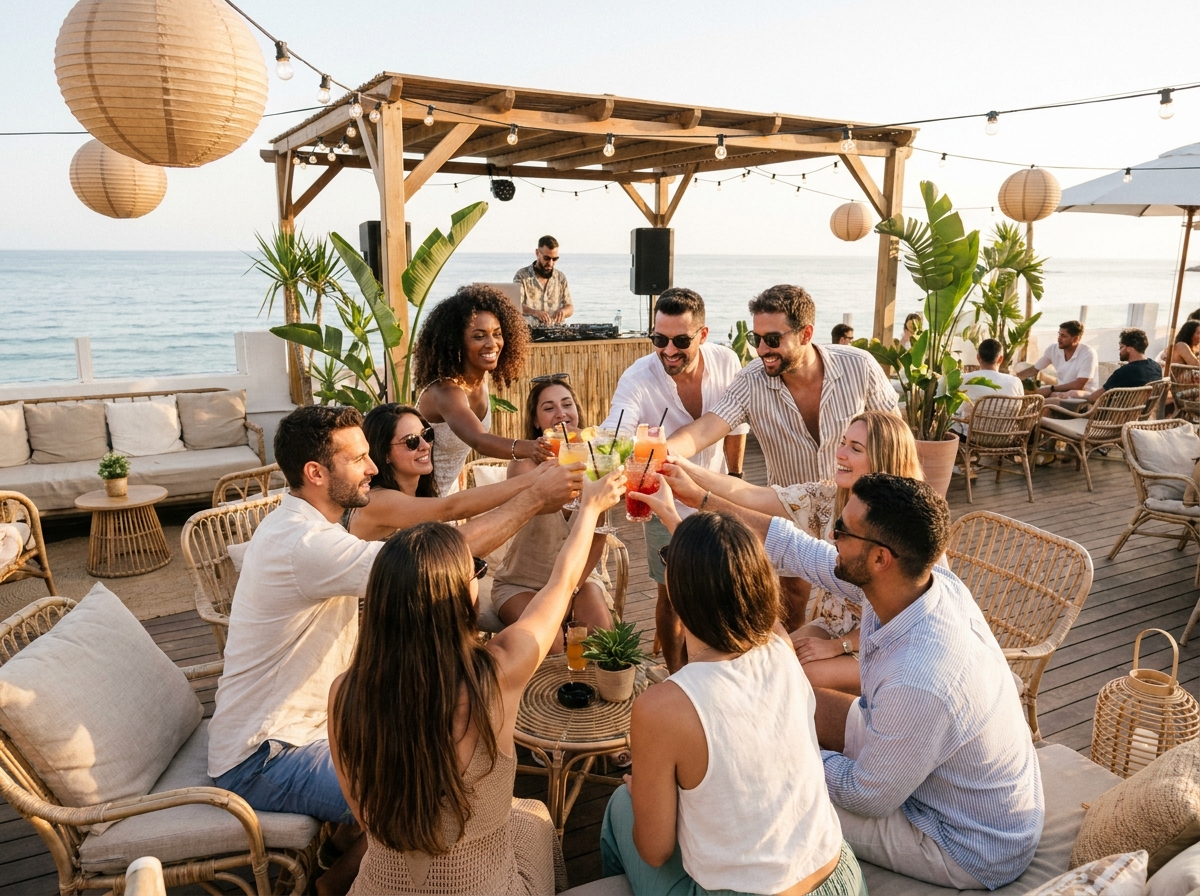 Groupe d'adultes festoyant en terrasse de beach club à Sitges au coucher du soleil lors d'une soirée LGBTQ+