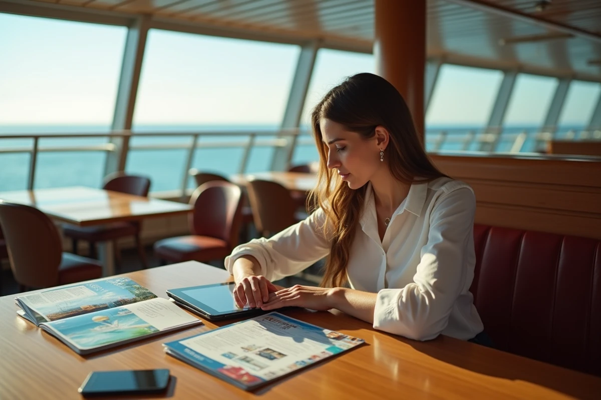 Blogueur en voyage comparant brochures dans un lounge de croisi&egrave;re