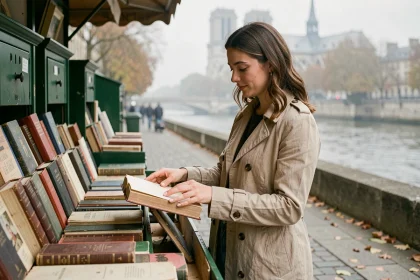 Femme feuilletant des livres anciens chez un bouquiniste au bord de la Seine à Paris rive gauche un dimanche d'automne