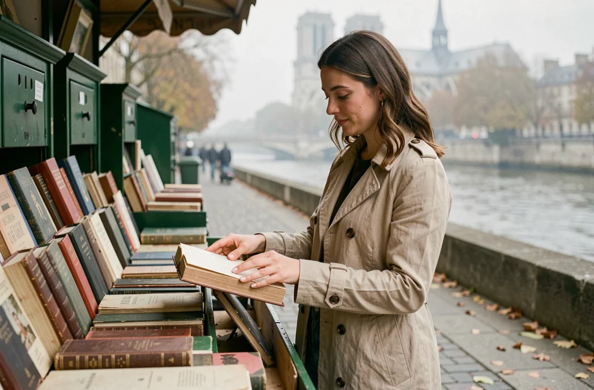 Femme feuilletant des livres anciens chez un bouquiniste au bord de la Seine à Paris rive gauche un dimanche d'automne