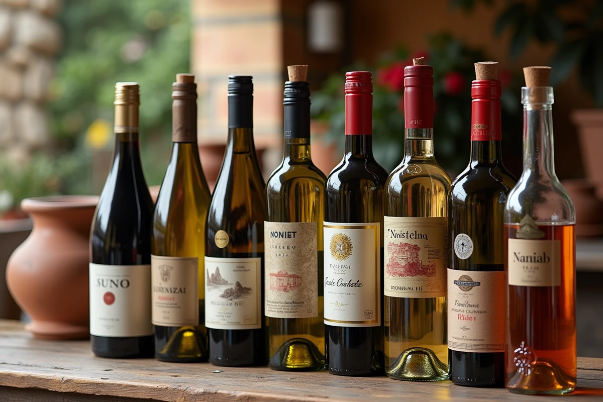 Bouteilles de vins et spiritueux espagnols avec &eacute;tiquettes de prix abordables sur une table en bois dans un march&eacute; frontalier