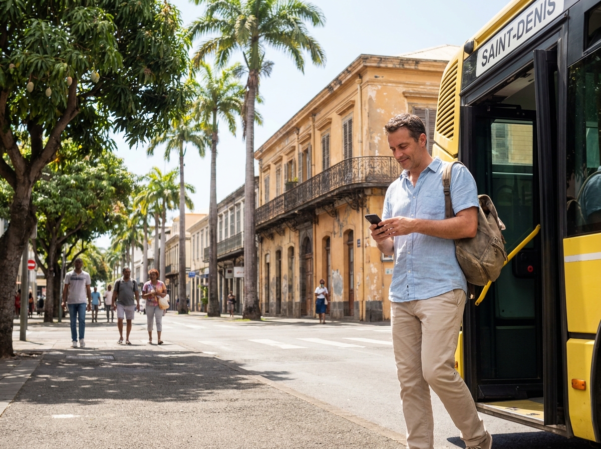 Homme descendant d'un bus jaune sur un boulevard bordé de palmiers à Saint-Denis de la Réunion