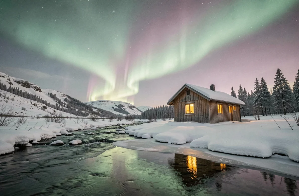 Cabane islandaise isolée sous une aurore boréale verte reflétée dans une rivière gelée en hiver