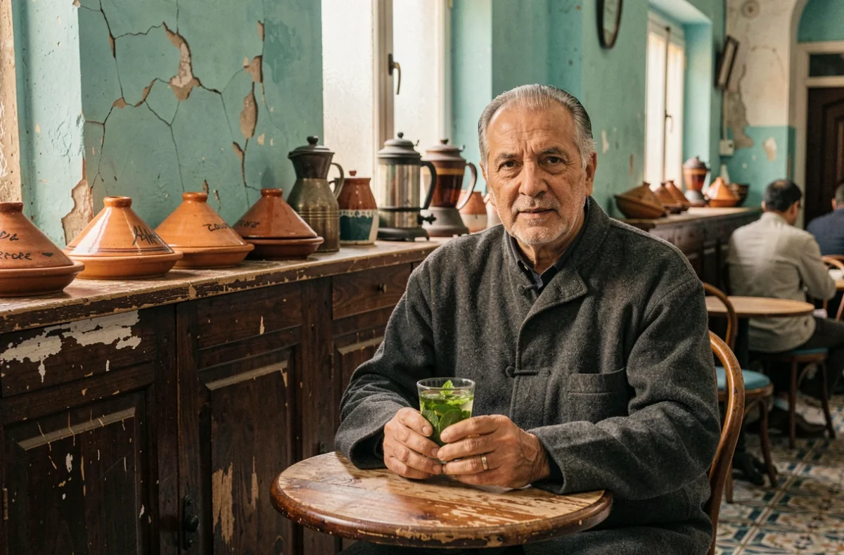 Homme marocain sirotant un thé à la menthe dans un café authentique de la médina de Tanger en hiver