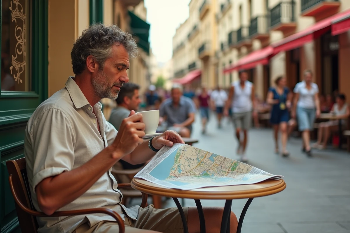 Voyageur en escale savourant un café en terrasse sur la rue Republic à La Valette, Malte