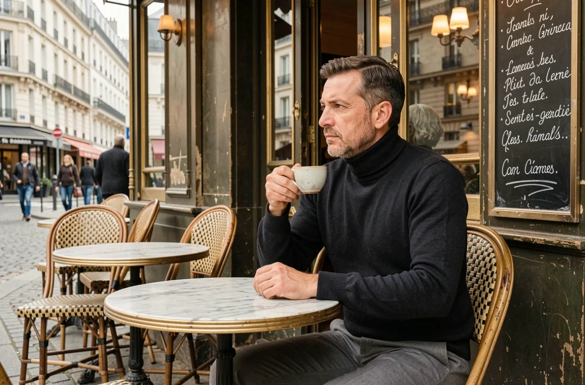 Homme savourant un espresso en terrasse d'un café classique à Saint-Germain-des-Prés un dimanche matin à Paris