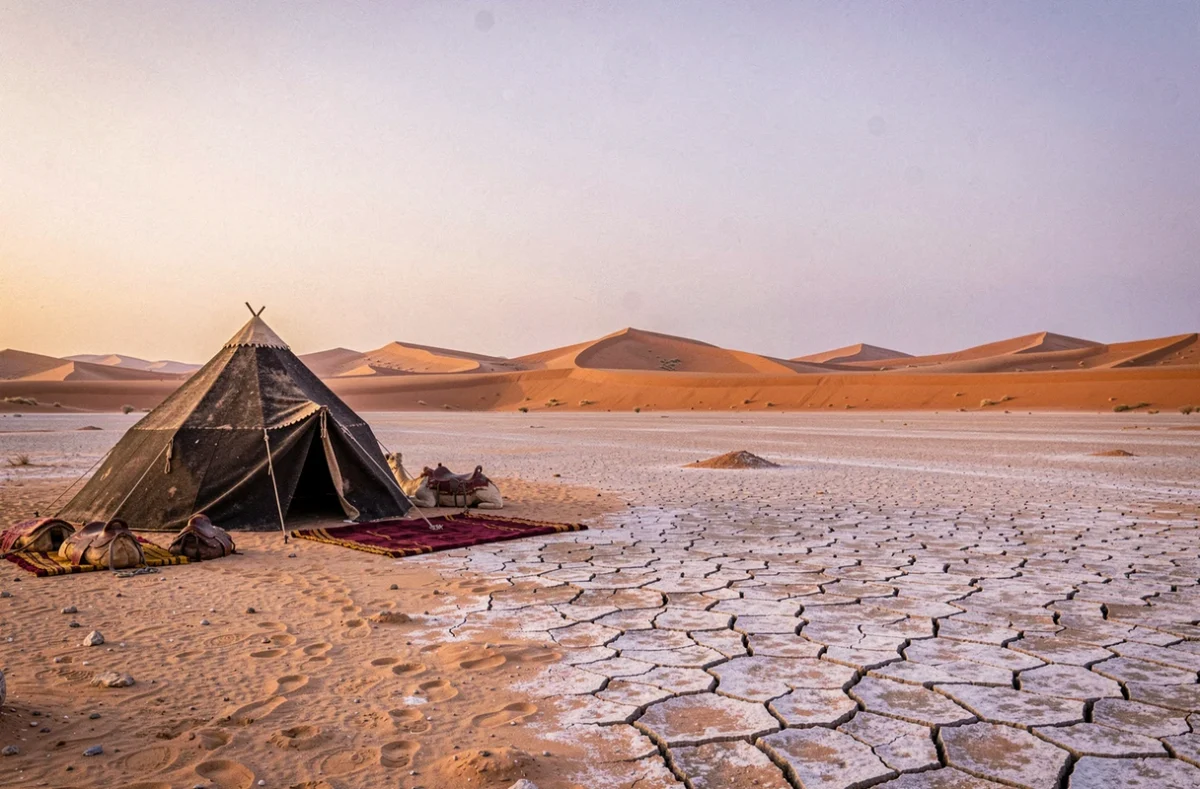 Campement nomade aux portes du Sahara à Merzouga en hiver avec ciel crépusculaire sur les dunes
