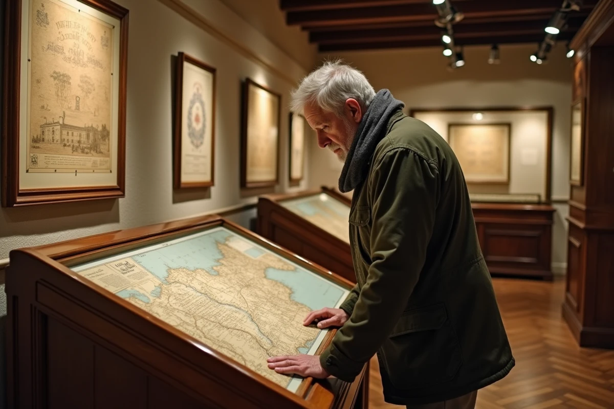 Homme examinant une carte ancienne de Normandie du XVIIIe siècle dans un musée du patrimoine régional normand