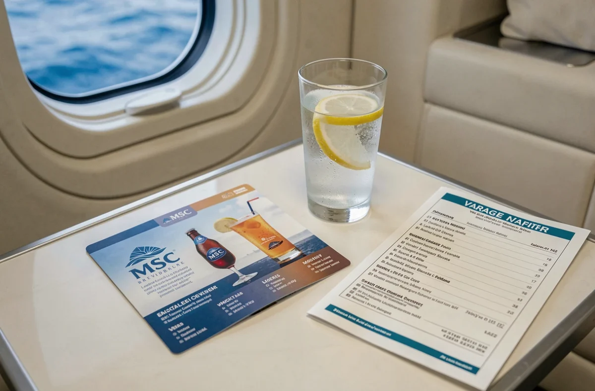 Carte de forfait boissons MSC et menu des consommations posés sur une table de cabine de croisière