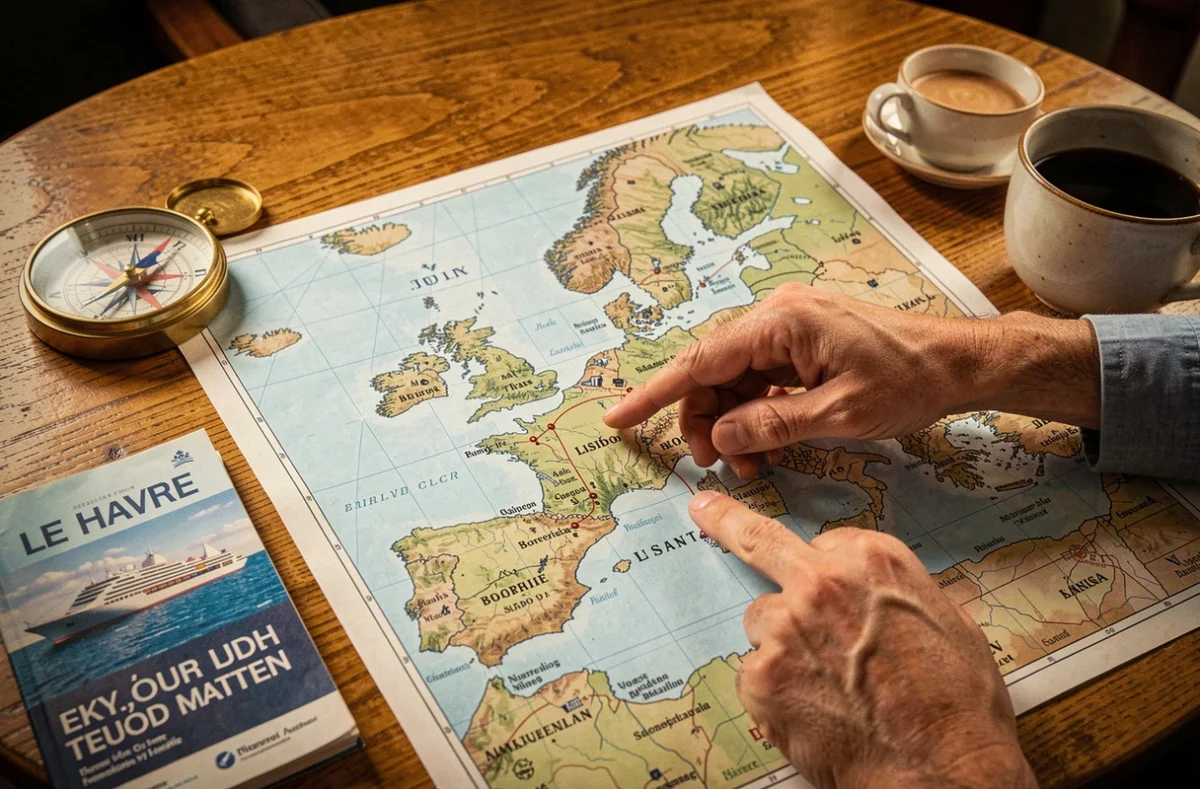 Carte nautique d'itinéraires de croisière au départ du Havre posée sur une table en bois