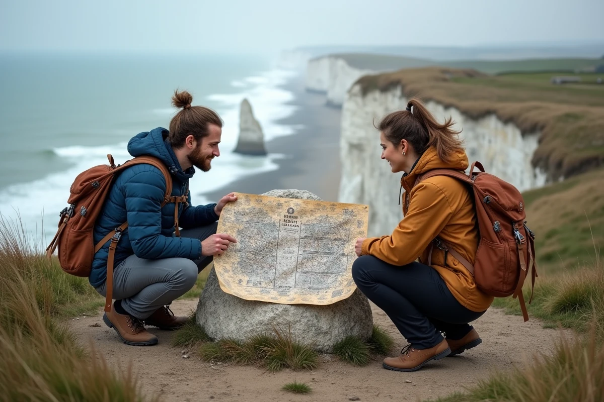Couple comparant une carte patrimoniale de Normandie face aux falaises blanches de la côte normande