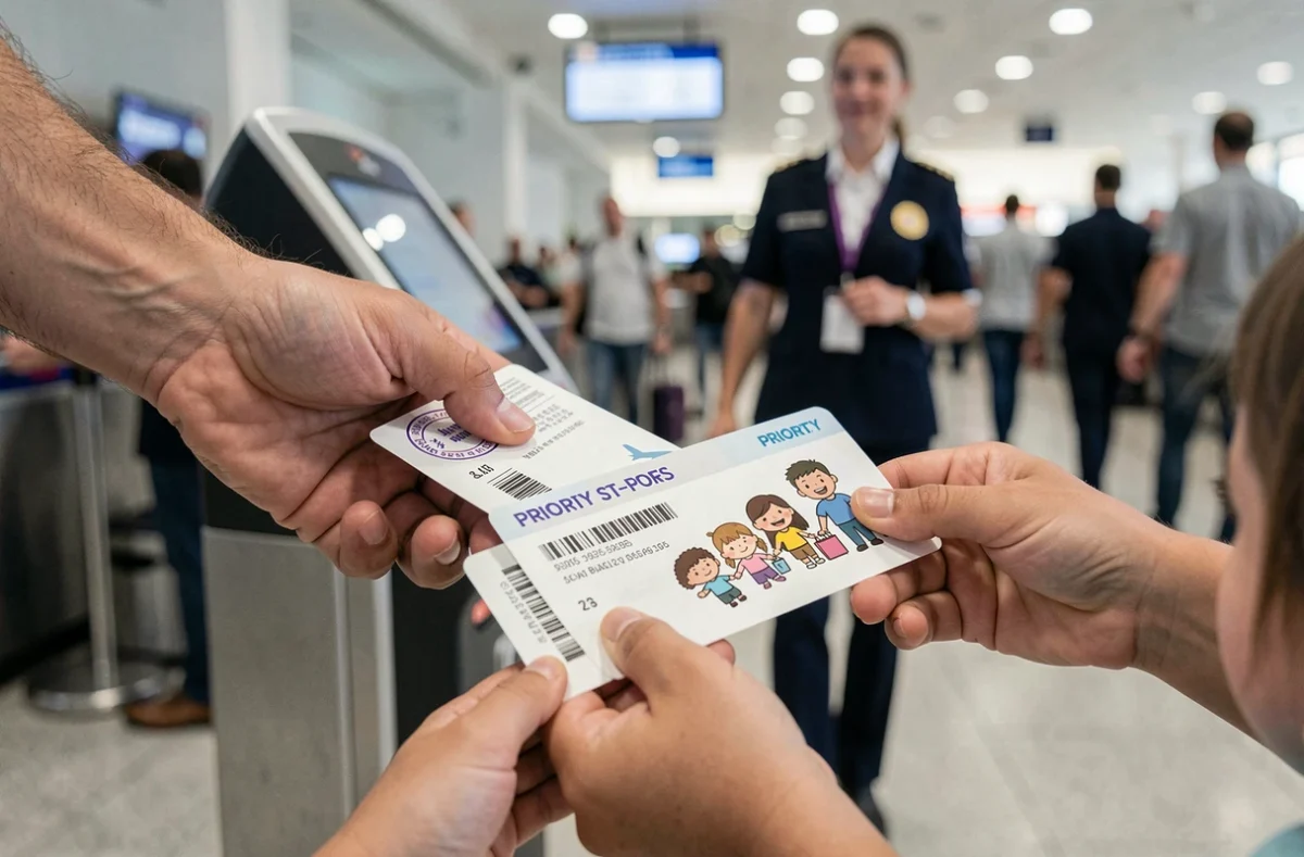 Mains d'une famille tenant des cartes d'embarquement prioritaires à la porte d'embarquement d'un vol Volotea