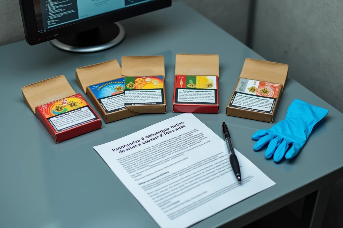 Vue aérienne de cartouches de cigarettes espagnoles saisies avec un document de confiscation douanière officiel