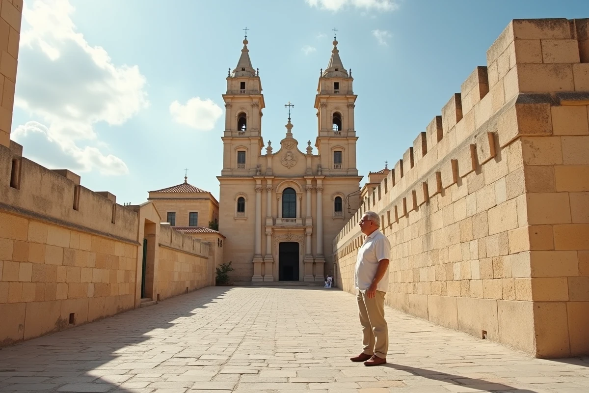 Visiteur contemplant la cathédrale Saint-Paul dans la cité silencieuse de Mdina à Malte
