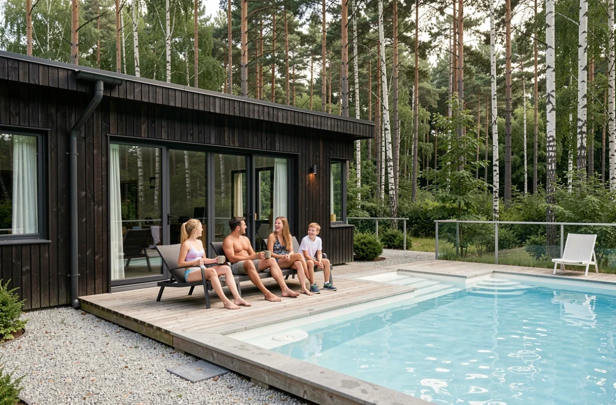 Hébergement familial Center Parcs Les Trois Forêts avec piscine privée sur terrasse en forêt de pins