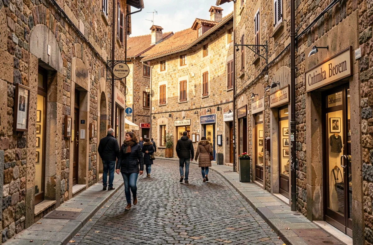 Rue pavée du centre historique d'Aoste avec ses façades romaines et boutiques artisanales animées par des promeneurs