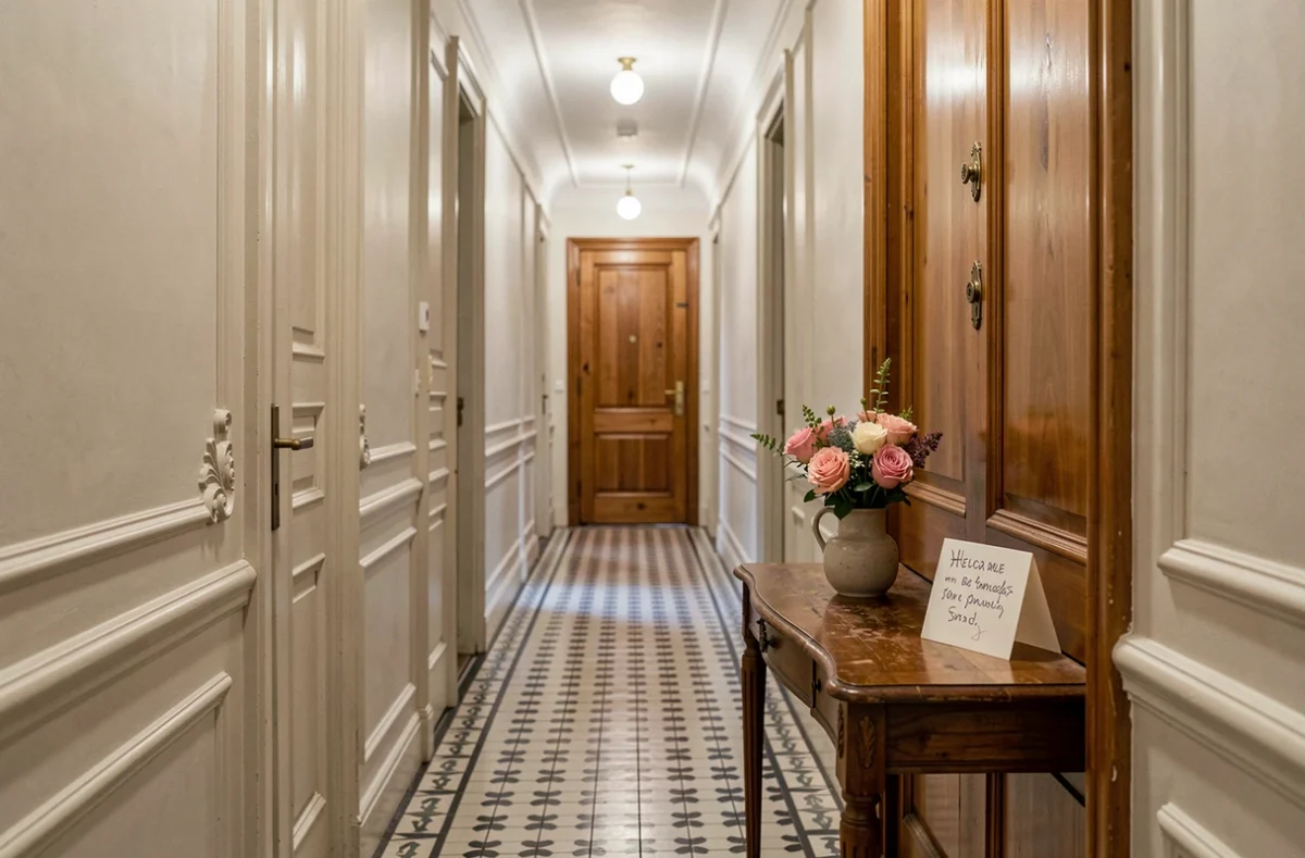Couloir d'entrée élégant d'une chambre d'hôtes à la porte dionysienne entre Paris et Saint-Denis