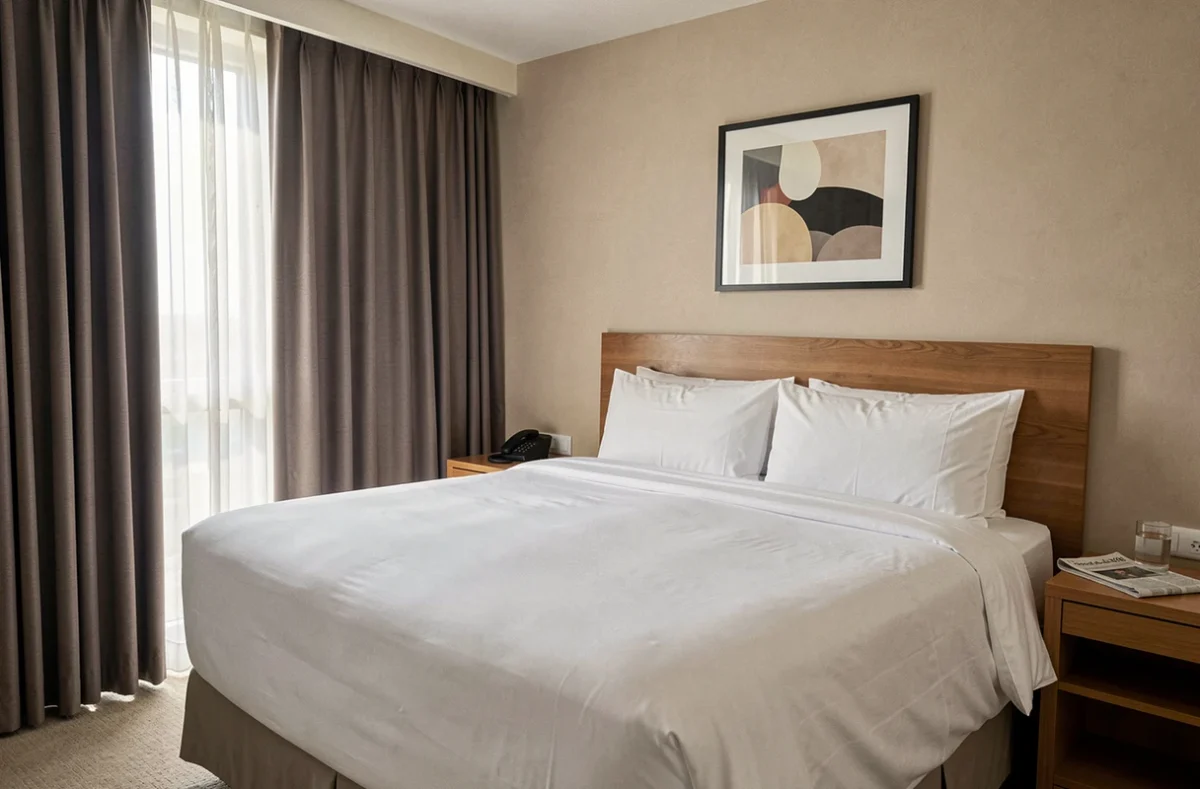 Chambre d'hôtel moderne et discrète disponible à la journée avec lit double et rideaux occultants