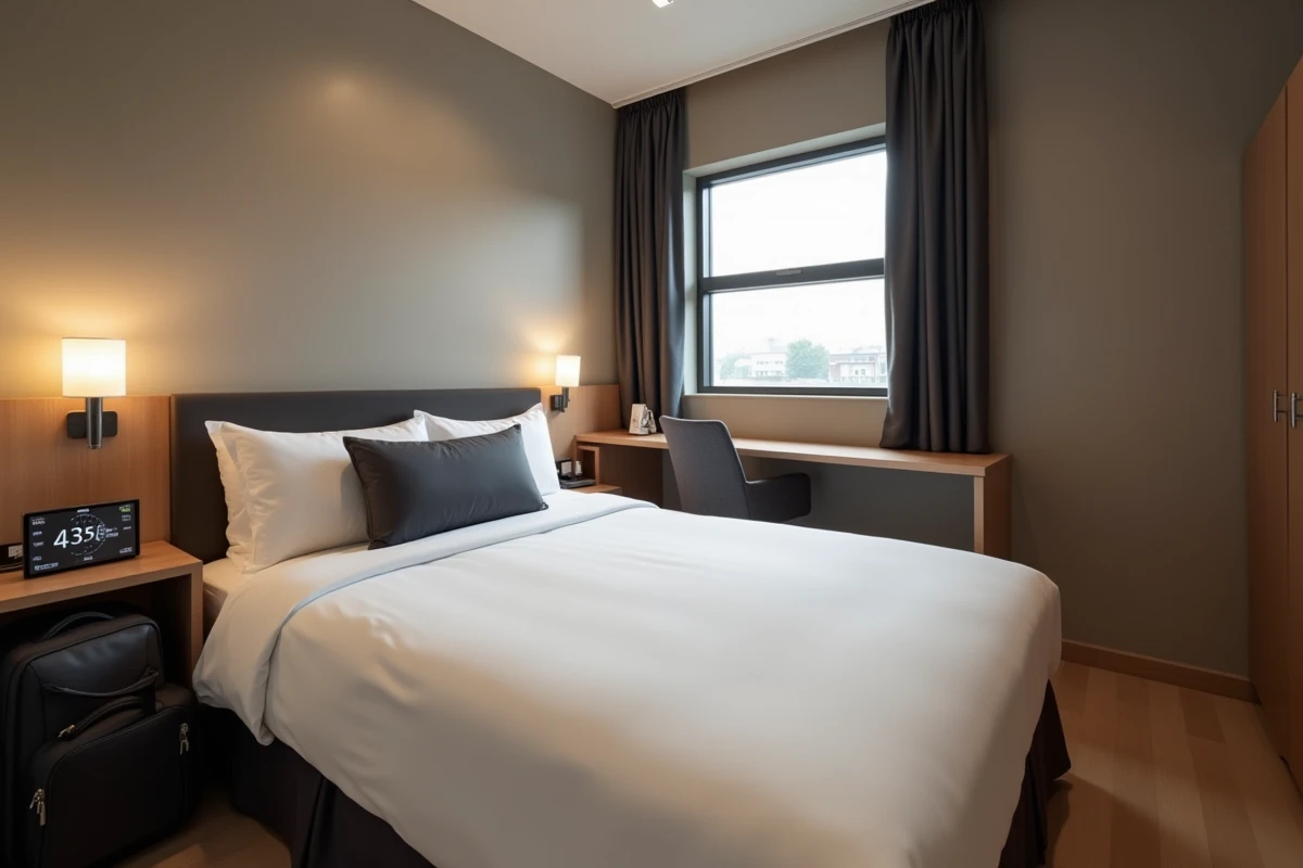 Chambre d'hôtel fonctionnelle et confortable près de Gatwick avec réveil réglé tôt pour un vol matinal