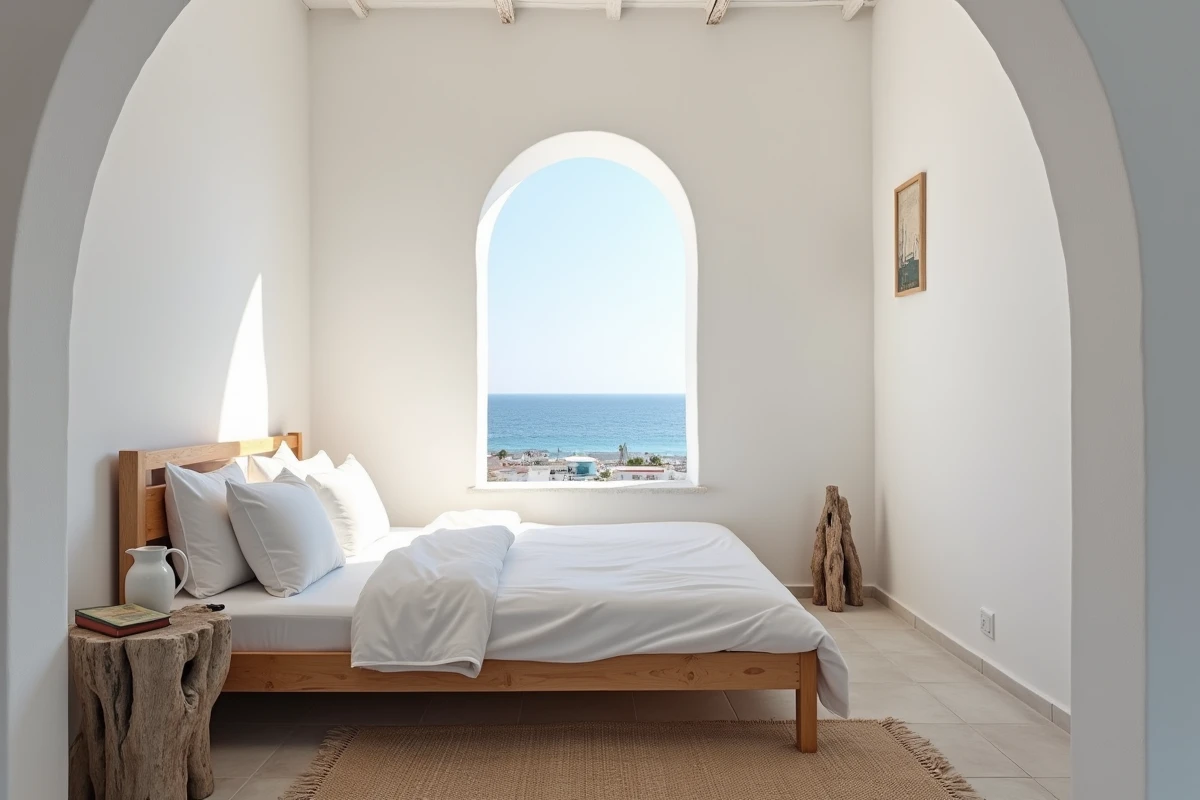 Chambre simple et authentique avec vue sur le port dans une location traditionnelle à Chalki, Grèce