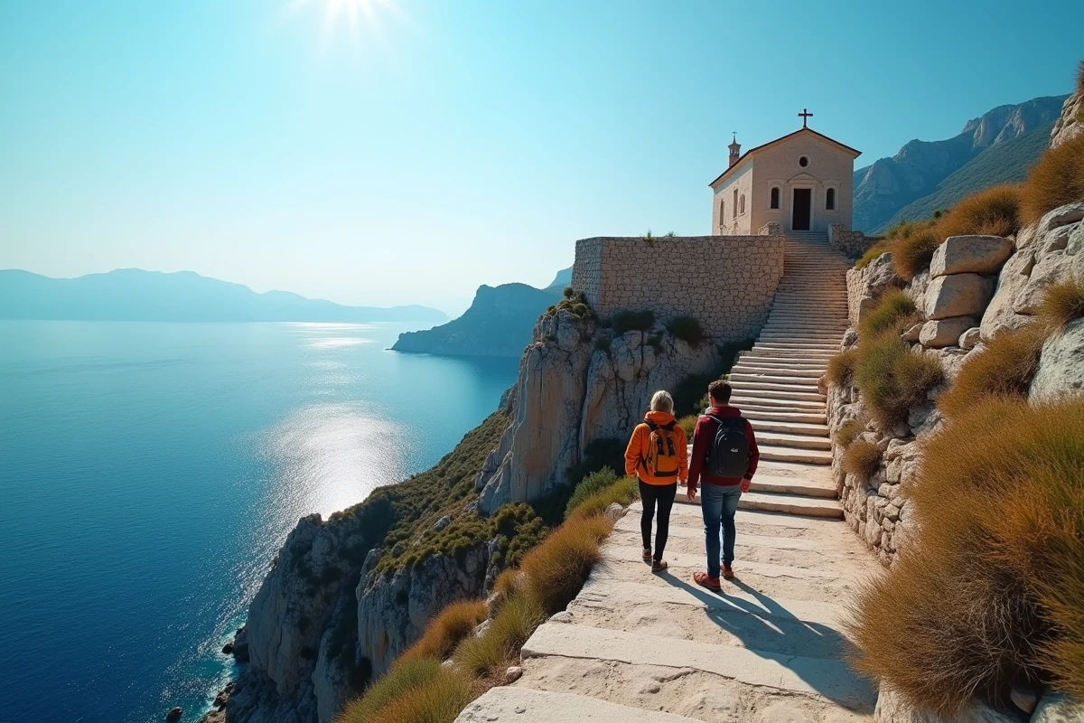 Chapelle Agios Ioannis au sommet d'une falaise de Skopelos avec vue panoramique sur la mer Égée