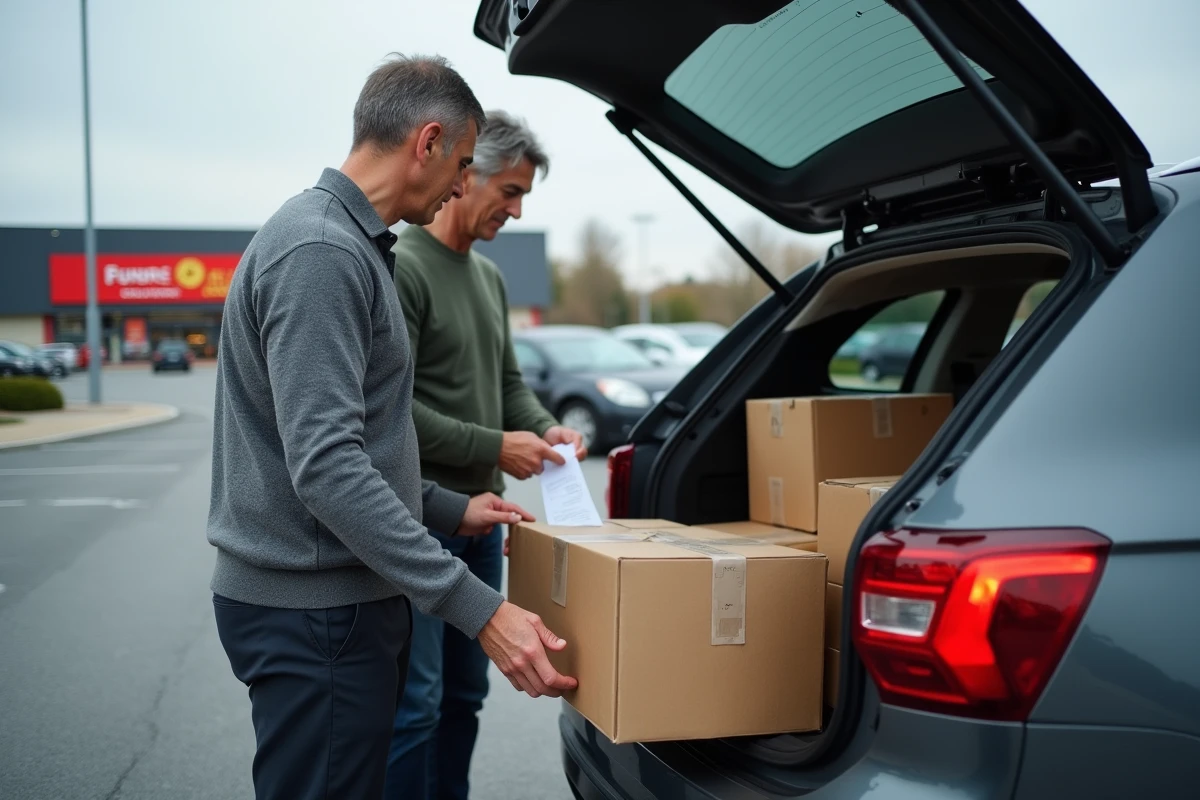 Fran&ccedil;ais chargeant des cartons d'alcool achet&eacute; en Espagne dans le coffre de leur voiture sur un parking de supermarch&eacute; frontalier