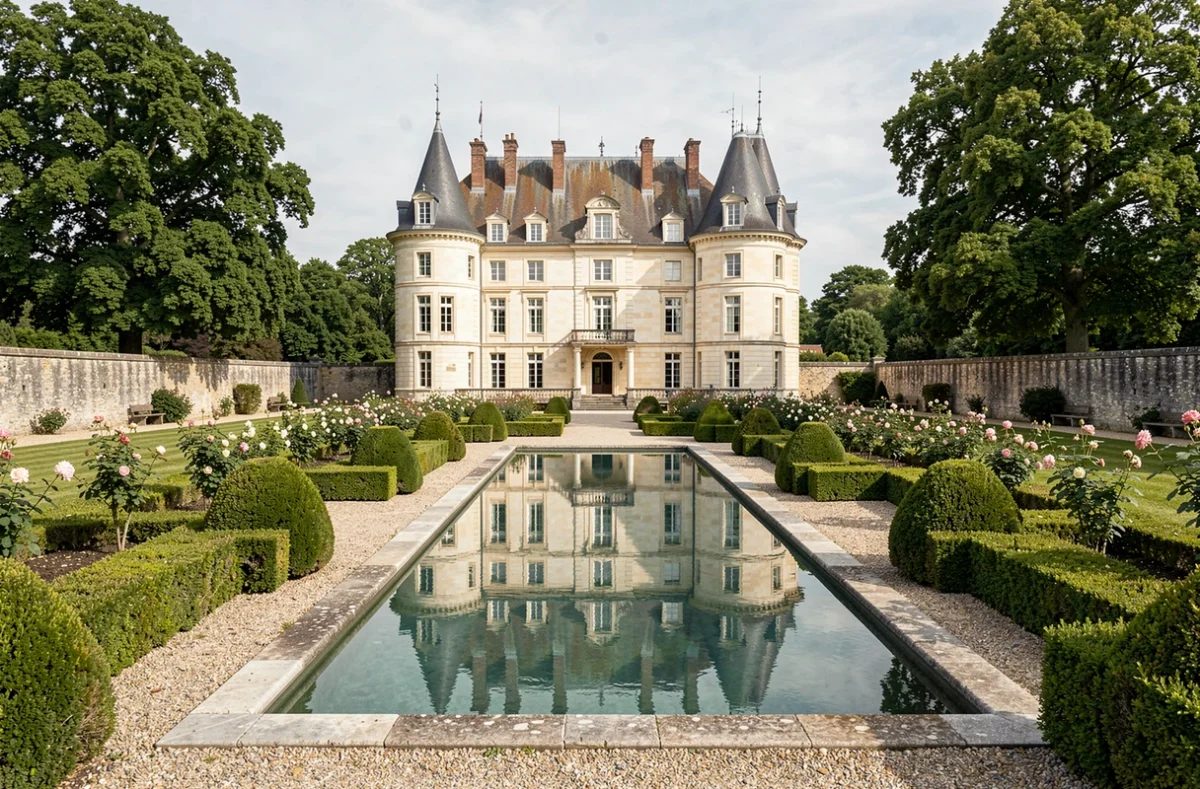 Le Château de Grandvaux avec sa façade en pierre calcaire et son bassin extérieur entouré de jardins à la française