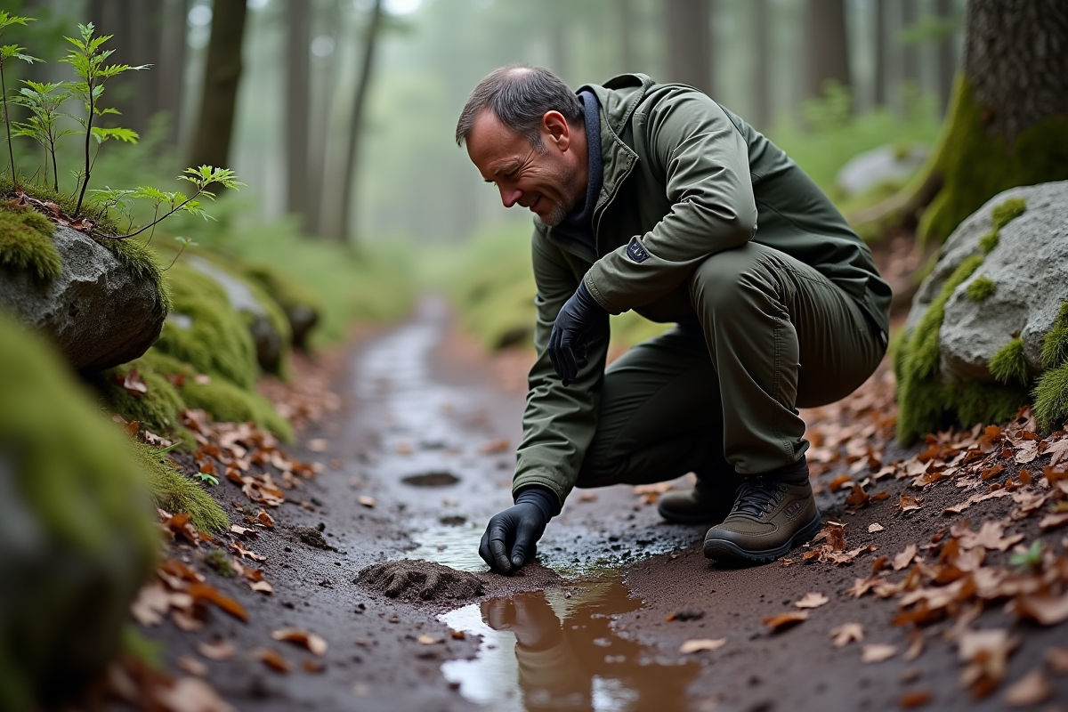 chercheur en forêt observant une trace d