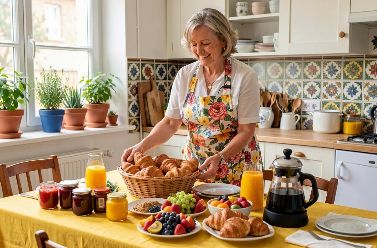 Table de petit-déjeuner généreuse dressée par une hôte souriante dans une chambre d'hôtes à Montreuil