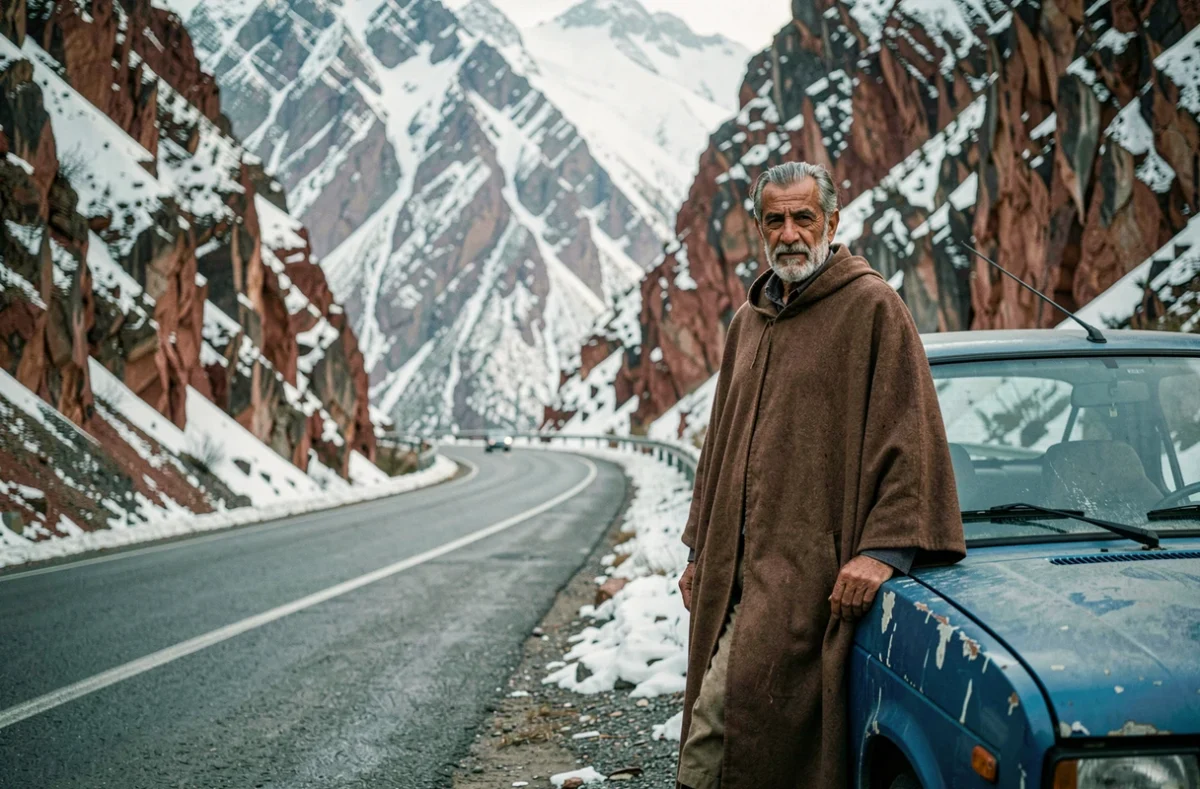 Col de montagne dans le Haut Atlas marocain en hiver avec homme en burnous et voiture ancienne bleue