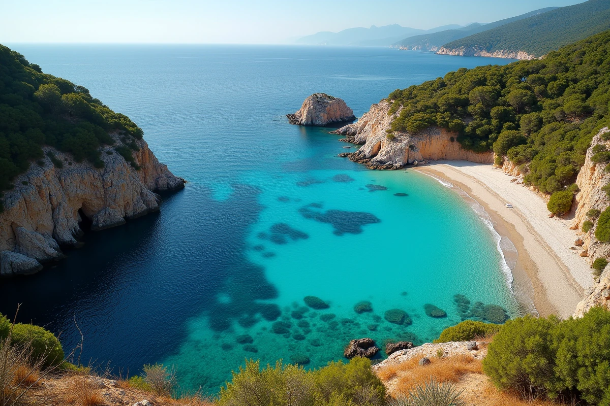 Comparaison des plages de Cala d'Orzu et Cupabia vues depuis un promontoire rocheux en Corse du Sud