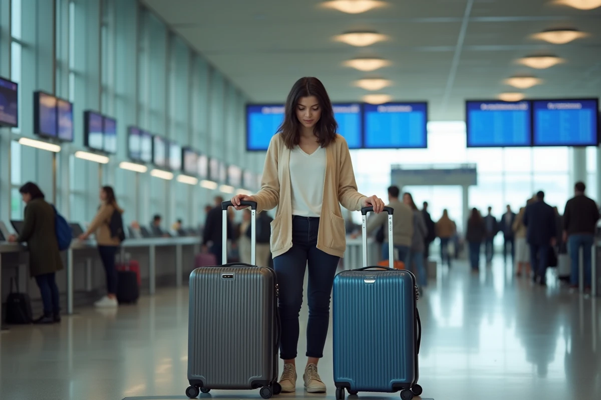 M&egrave;re comparant deux valises cabine pour enfants sur une balance &agrave; l'a&eacute;roport avant un vol Air France